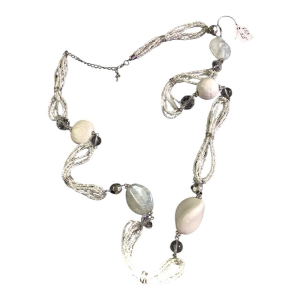 Vintage Unique White Glass Beads with Silver Chunky Statement Necklace